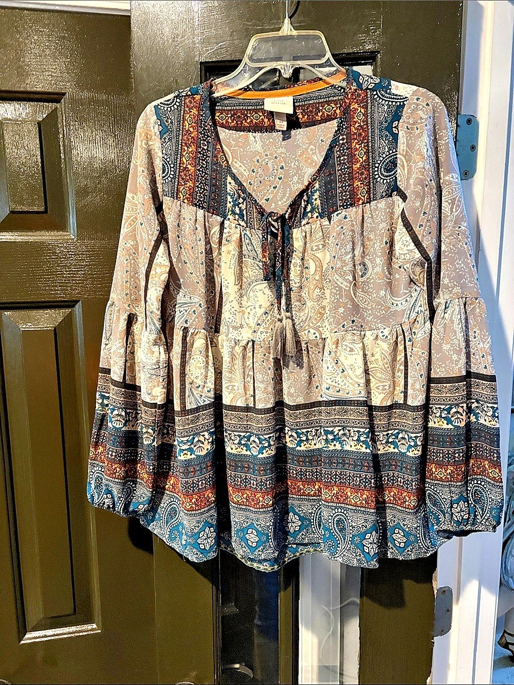 Knox Rose Paisley Peasant Blouse in Brown & Blue Size XS Like New